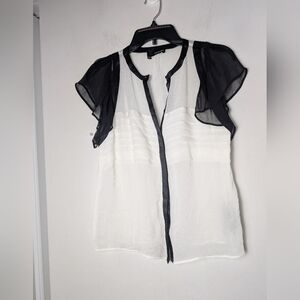 The Kooples Silk Blouse Black White Color Block Sheer Flutter Sleeves Button Xs